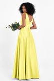 A Line Satin V Neckline Bridesmaid Dress Ruched Formal Evening Prom Dresses Gowns
