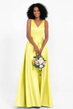 A Line Satin V Neckline Bridesmaid Dress Ruched Formal Evening Prom Dresses Gowns