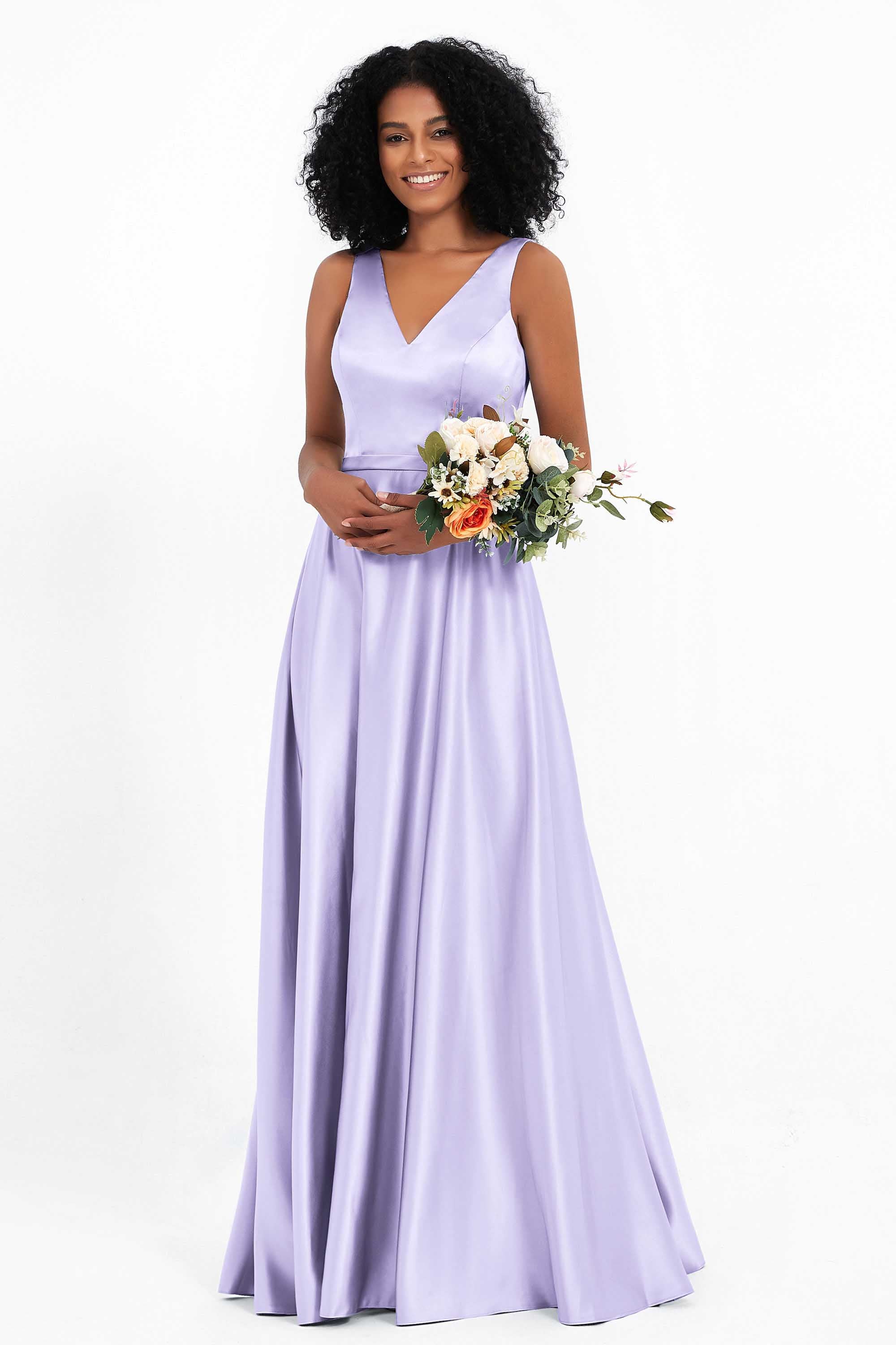 A Line Satin V Neckline Bridesmaid Dress Ruched Formal Evening Prom Dresses Gowns