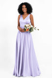 A Line Satin V Neckline Bridesmaid Dress Ruched Formal Evening Prom Dresses Gowns