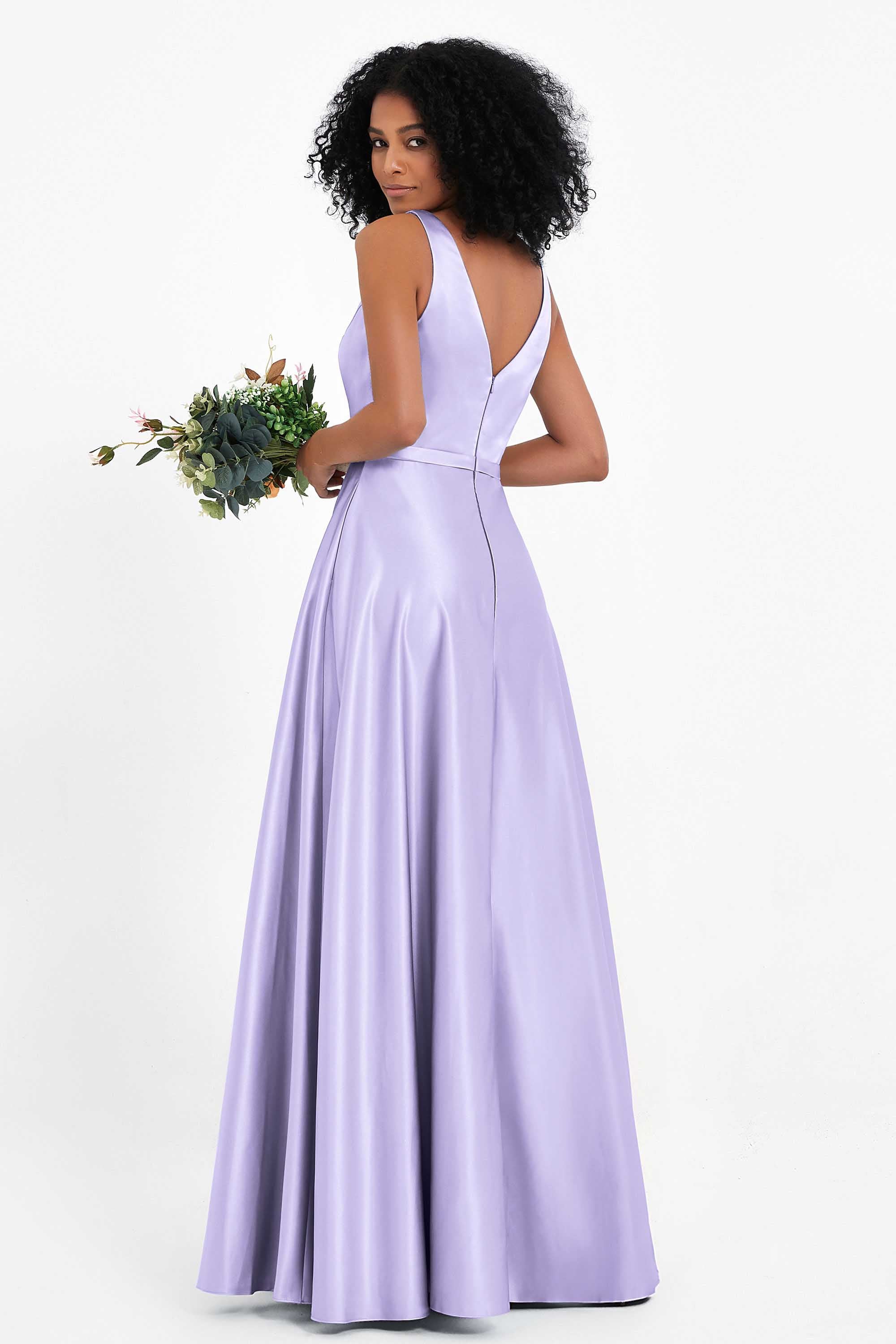 A Line Satin V Neckline Bridesmaid Dress Ruched Formal Evening Prom Dresses Gowns