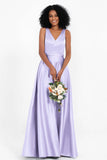 A Line Satin V Neckline Bridesmaid Dress Ruched Formal Evening Prom Dresses Gowns