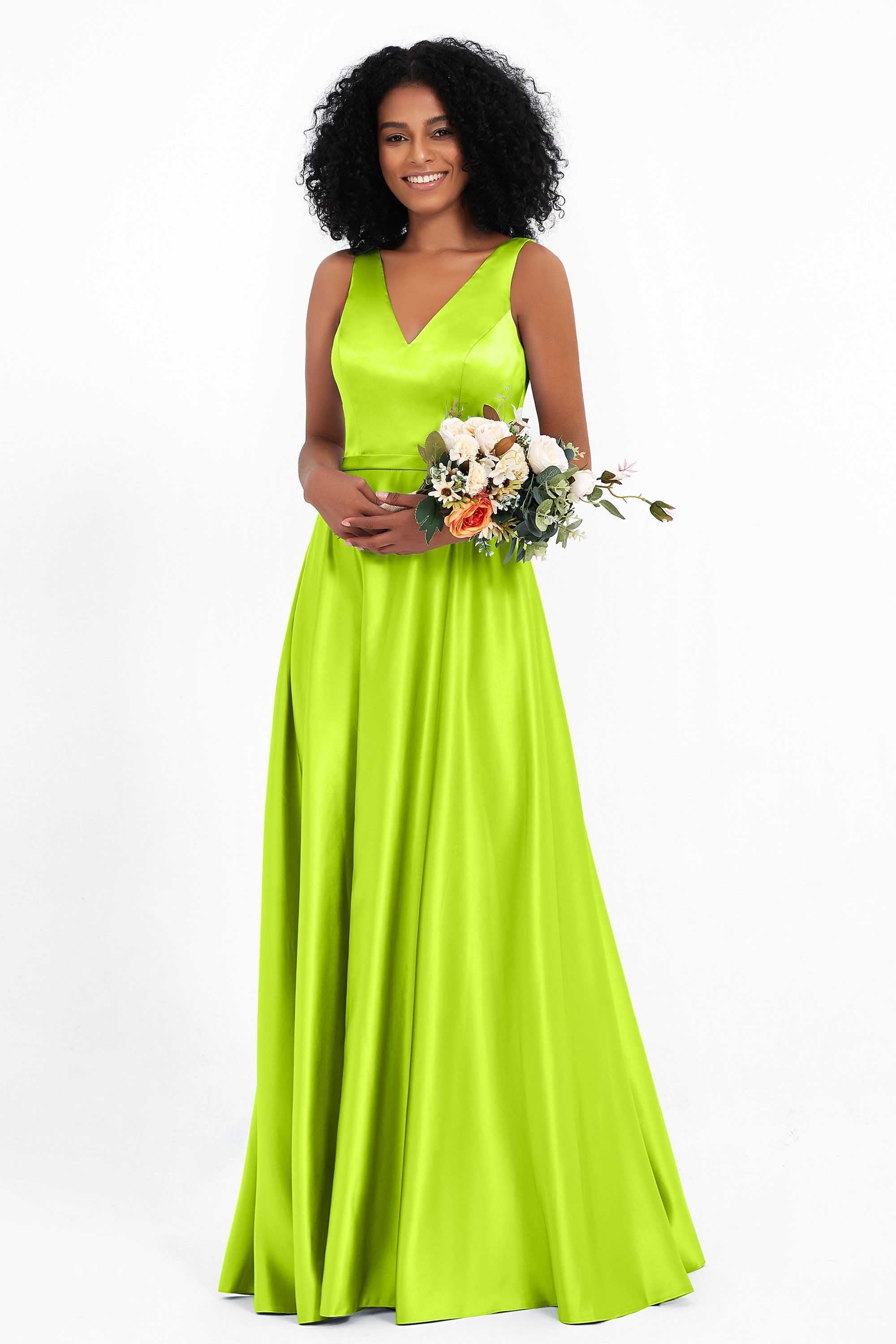 A Line Satin V Neckline Bridesmaid Dress Ruched Formal Evening Prom Dresses Gowns
