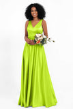 A Line Satin V Neckline Bridesmaid Dress Ruched Formal Evening Prom Dresses Gowns