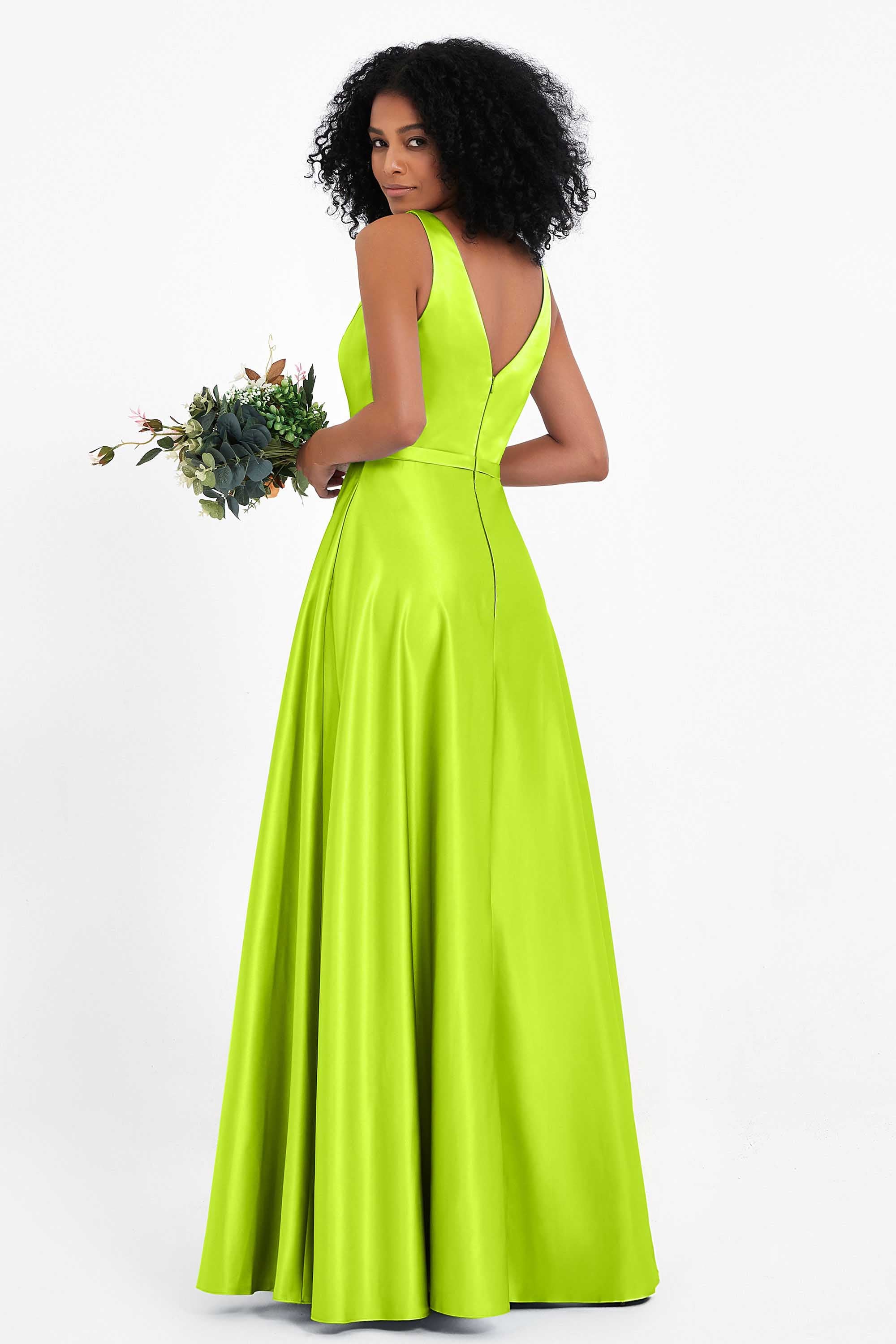 A Line Satin V Neckline Bridesmaid Dress Ruched Formal Evening Prom Dresses Gowns