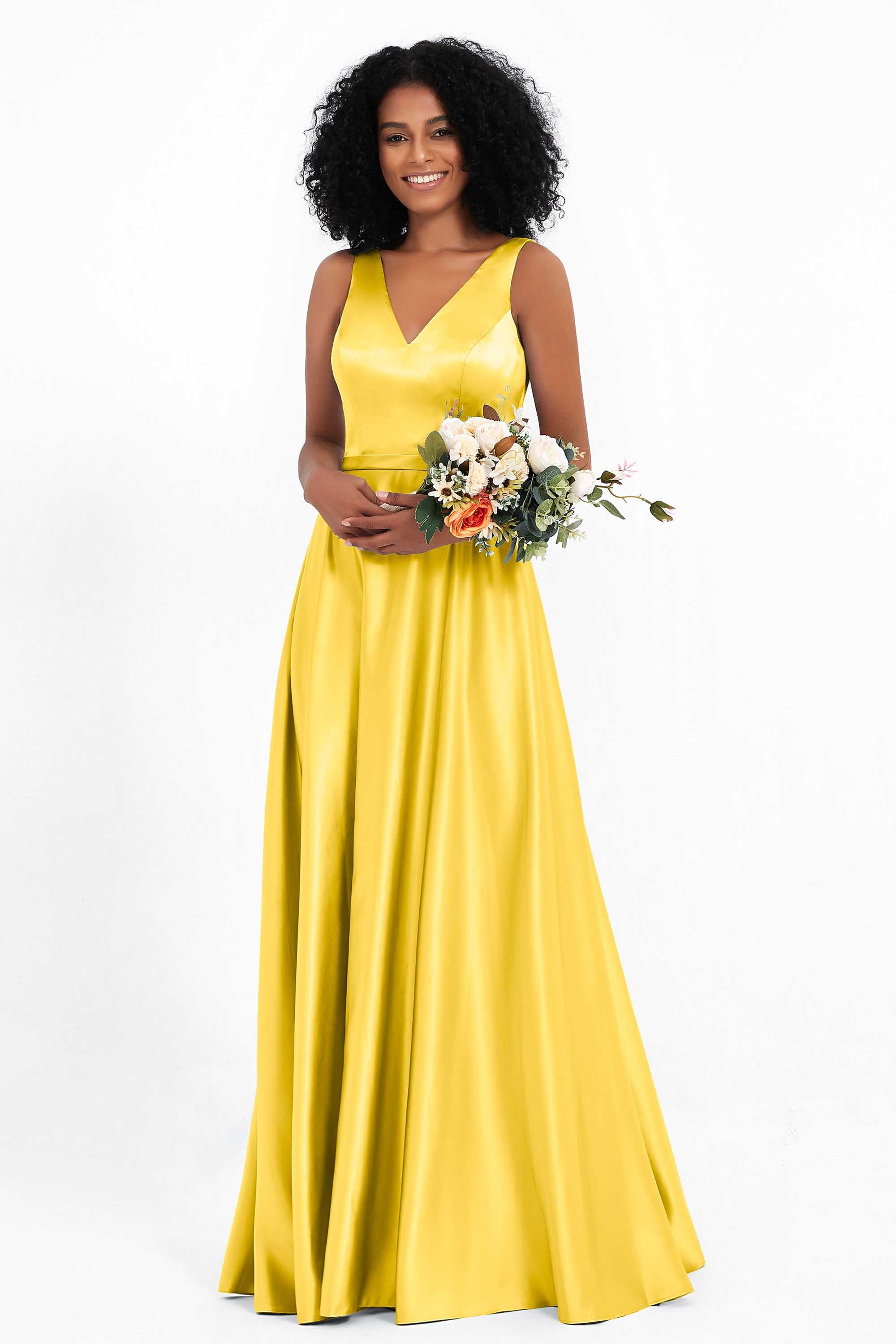 A Line Satin V Neckline Bridesmaid Dress Ruched Formal Evening Prom Dresses Gowns