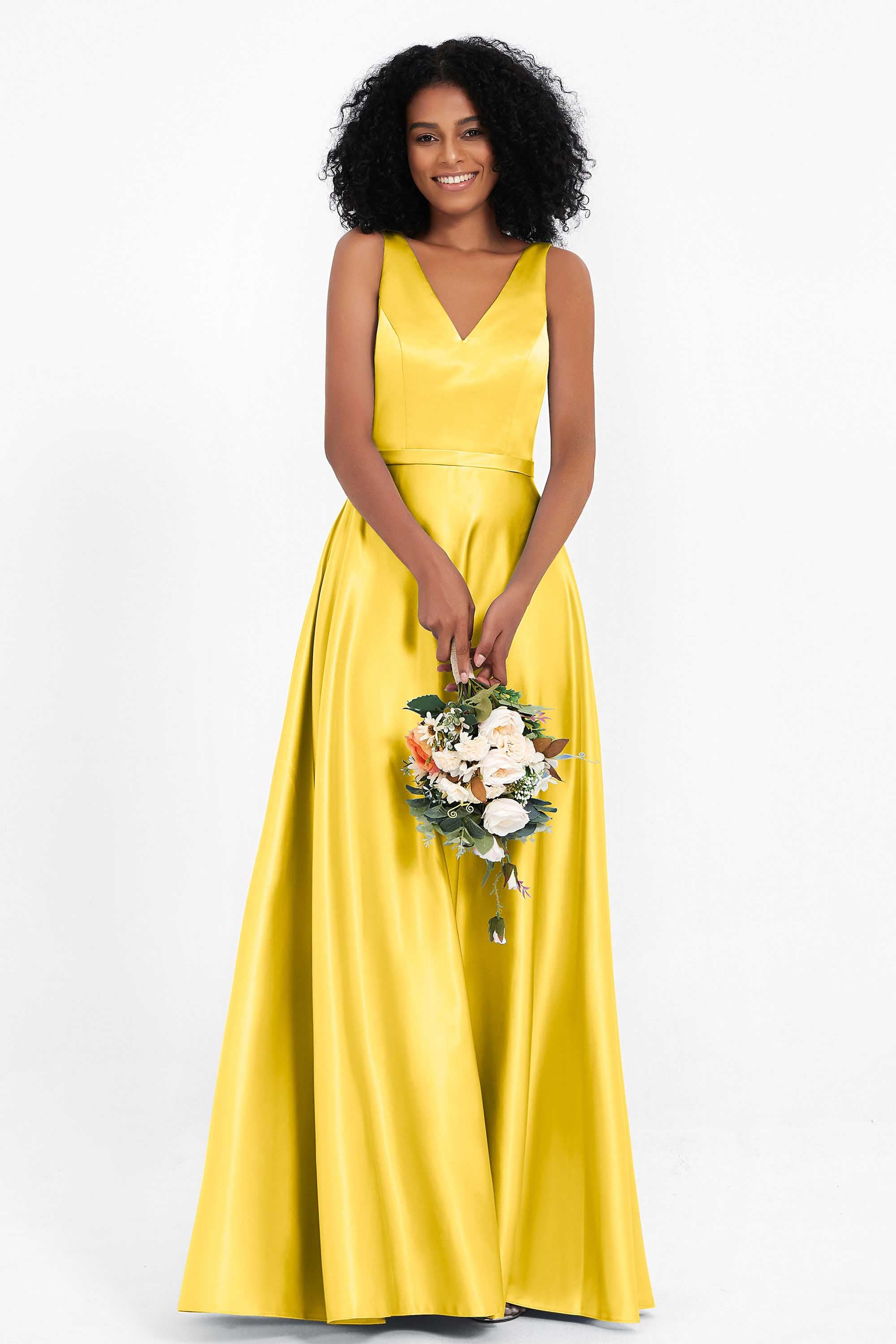 A Line Satin V Neckline Bridesmaid Dress Ruched Formal Evening Prom Dresses Gowns