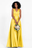 A Line Satin V Neckline Bridesmaid Dress Ruched Formal Evening Prom Dresses Gowns