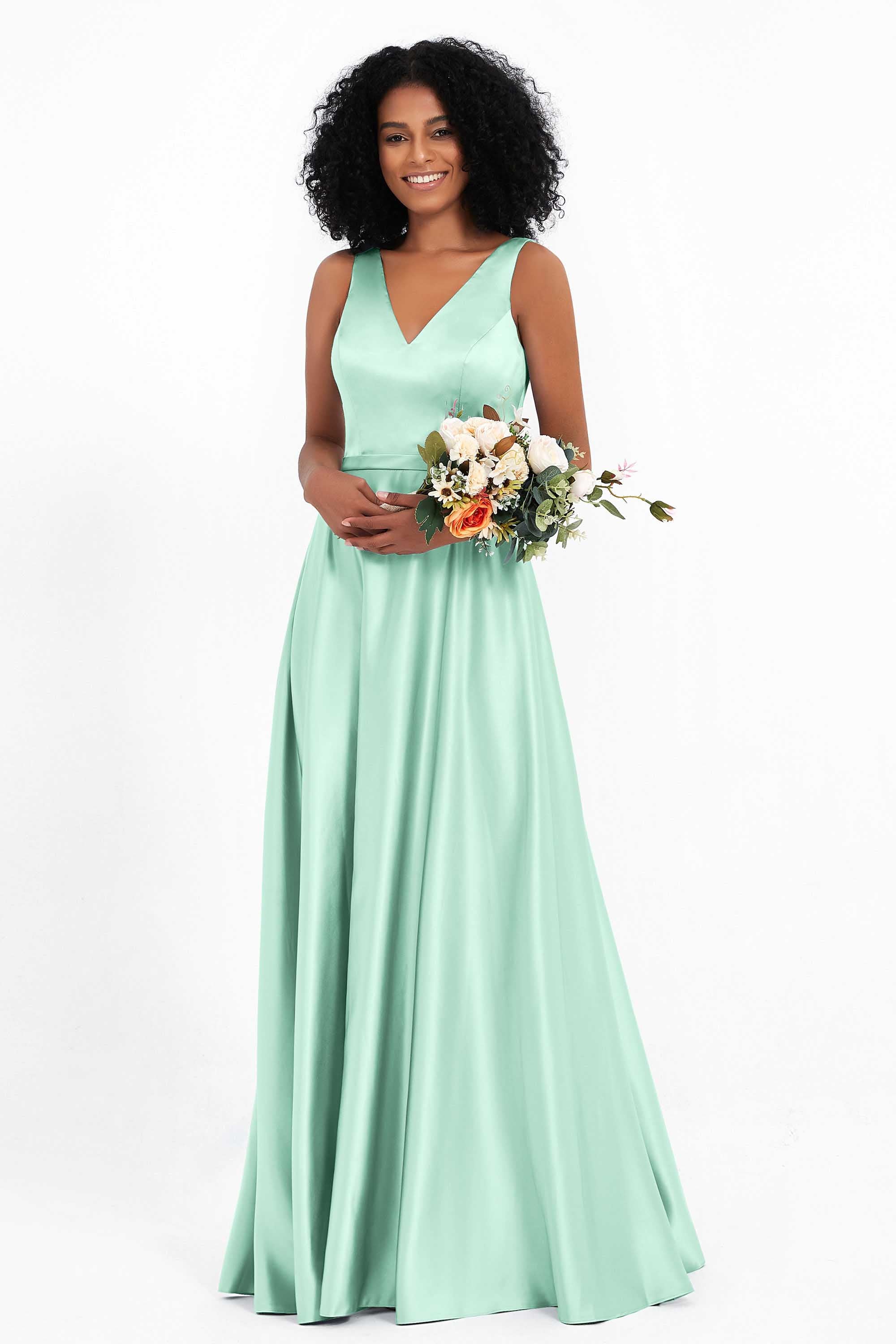 A Line Satin V Neckline Bridesmaid Dress Ruched Formal Evening Prom Dresses Gowns