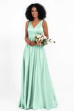 A Line Satin V Neckline Bridesmaid Dress Ruched Formal Evening Prom Dresses Gowns