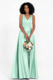 A Line Satin V Neckline Bridesmaid Dress Ruched Formal Evening Prom Dresses Gowns