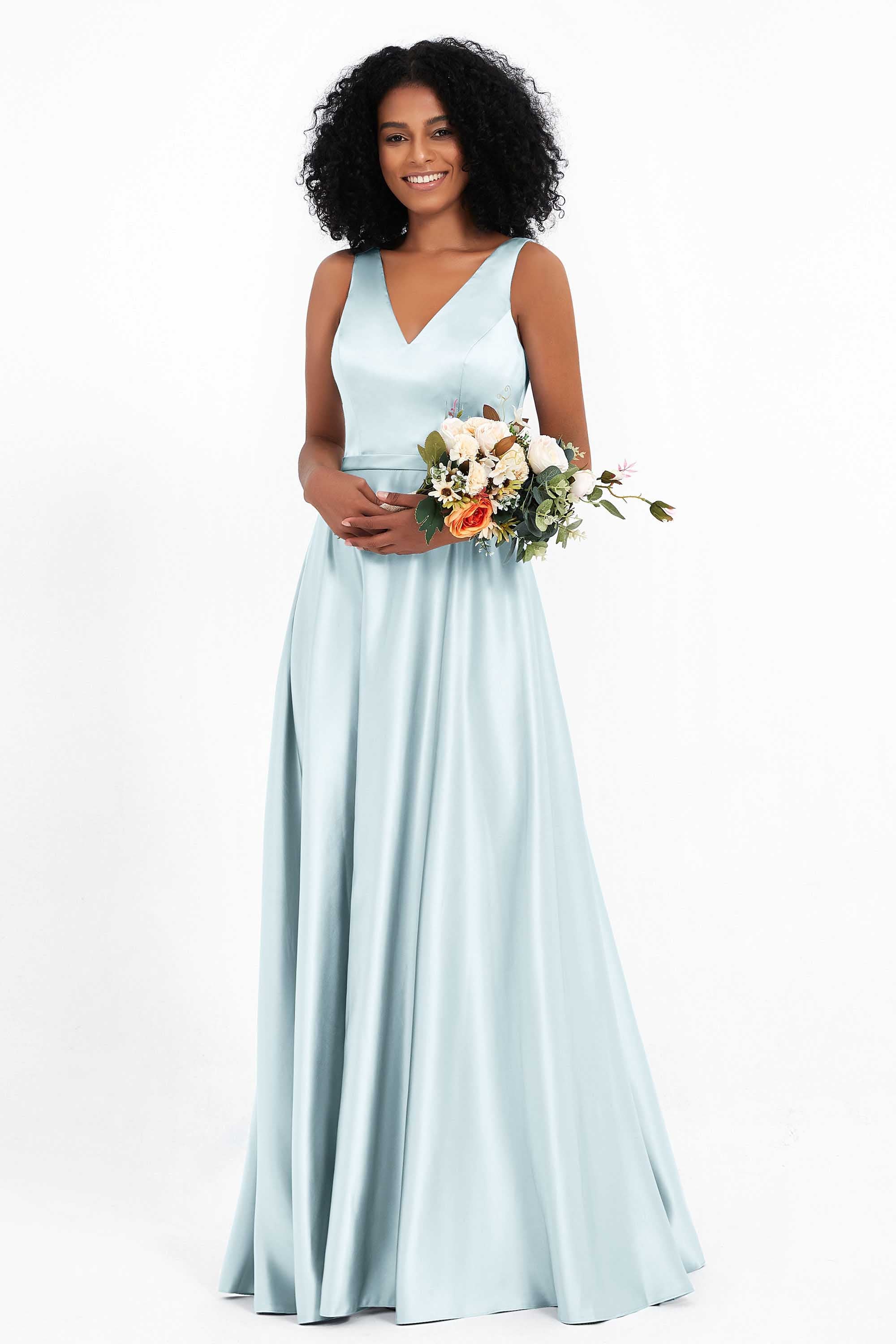 A Line Satin V Neckline Bridesmaid Dress Ruched Formal Evening Prom Dresses Gowns