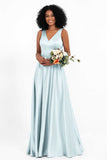 A Line Satin V Neckline Bridesmaid Dress Ruched Formal Evening Prom Dresses Gowns