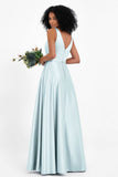 A Line Satin V Neckline Bridesmaid Dress Ruched Formal Evening Prom Dresses Gowns