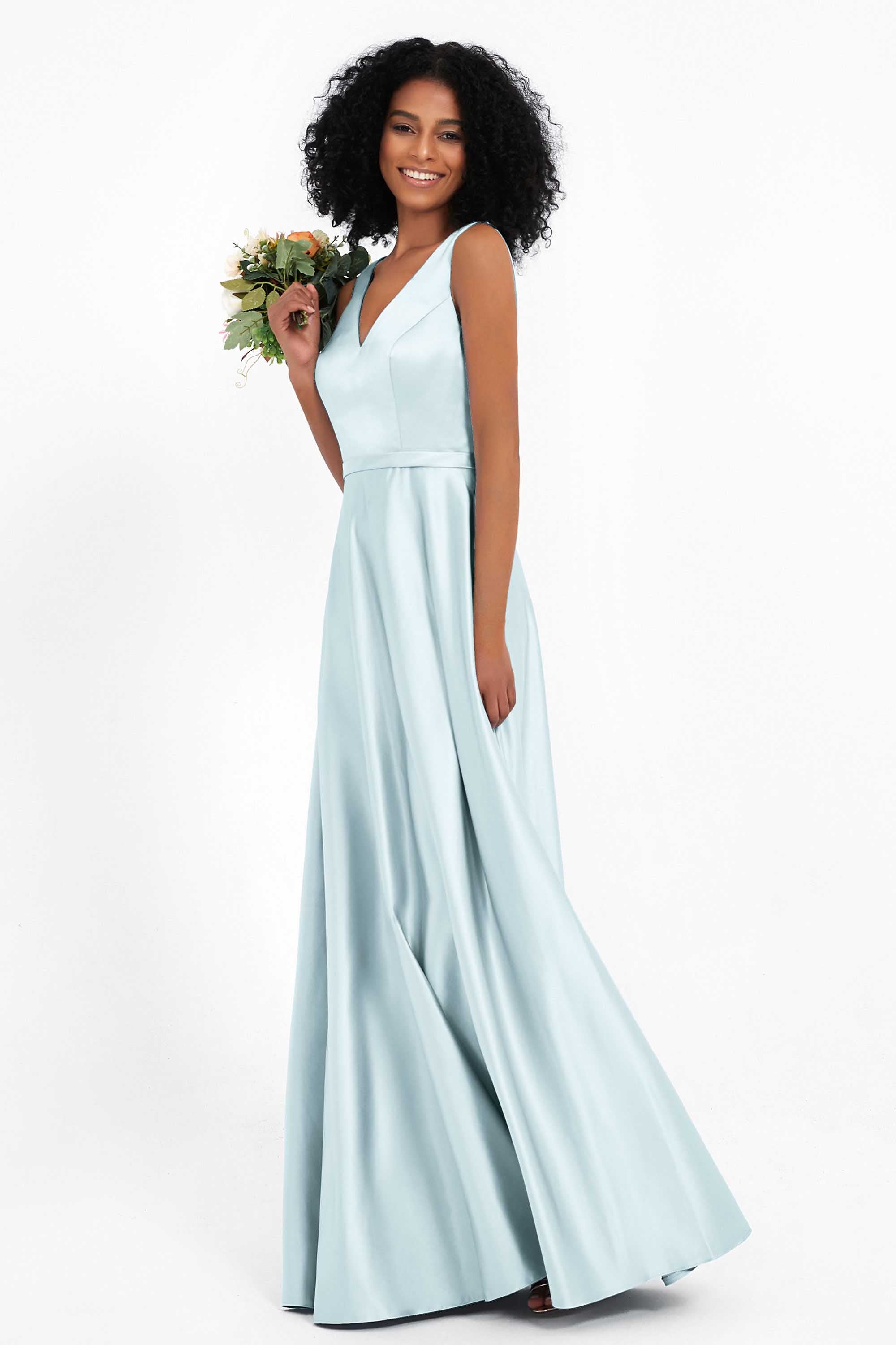 A Line Satin V Neckline Bridesmaid Dress Ruched Formal Evening Prom Dresses Gowns