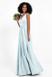A Line Satin V Neckline Bridesmaid Dress Ruched Formal Evening Prom Dresses Gowns