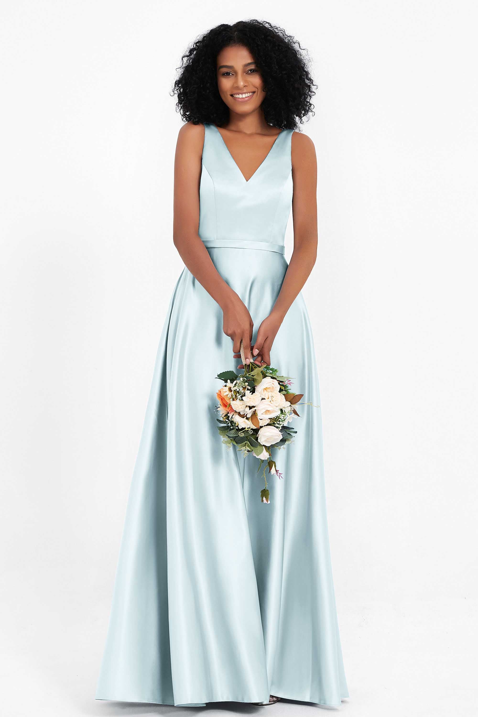A Line Satin V Neckline Bridesmaid Dress Ruched Formal Evening Prom Dresses Gowns