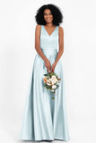 A Line Satin V Neckline Bridesmaid Dress Ruched Formal Evening Prom Dresses Gowns