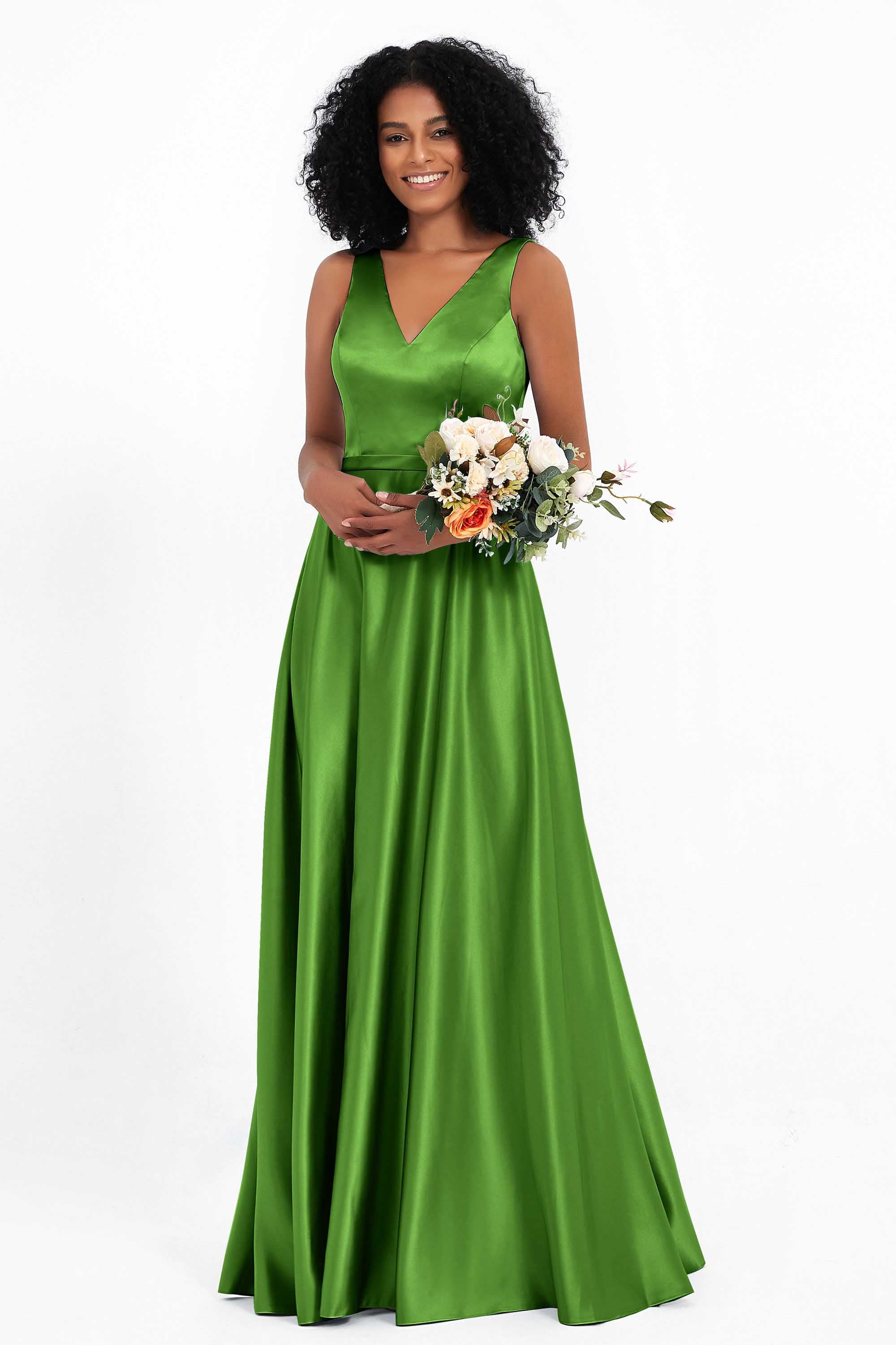 A Line Satin V Neckline Bridesmaid Dress Ruched Formal Evening Prom Dresses Gowns