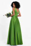 A Line Satin V Neckline Bridesmaid Dress Ruched Formal Evening Prom Dresses Gowns