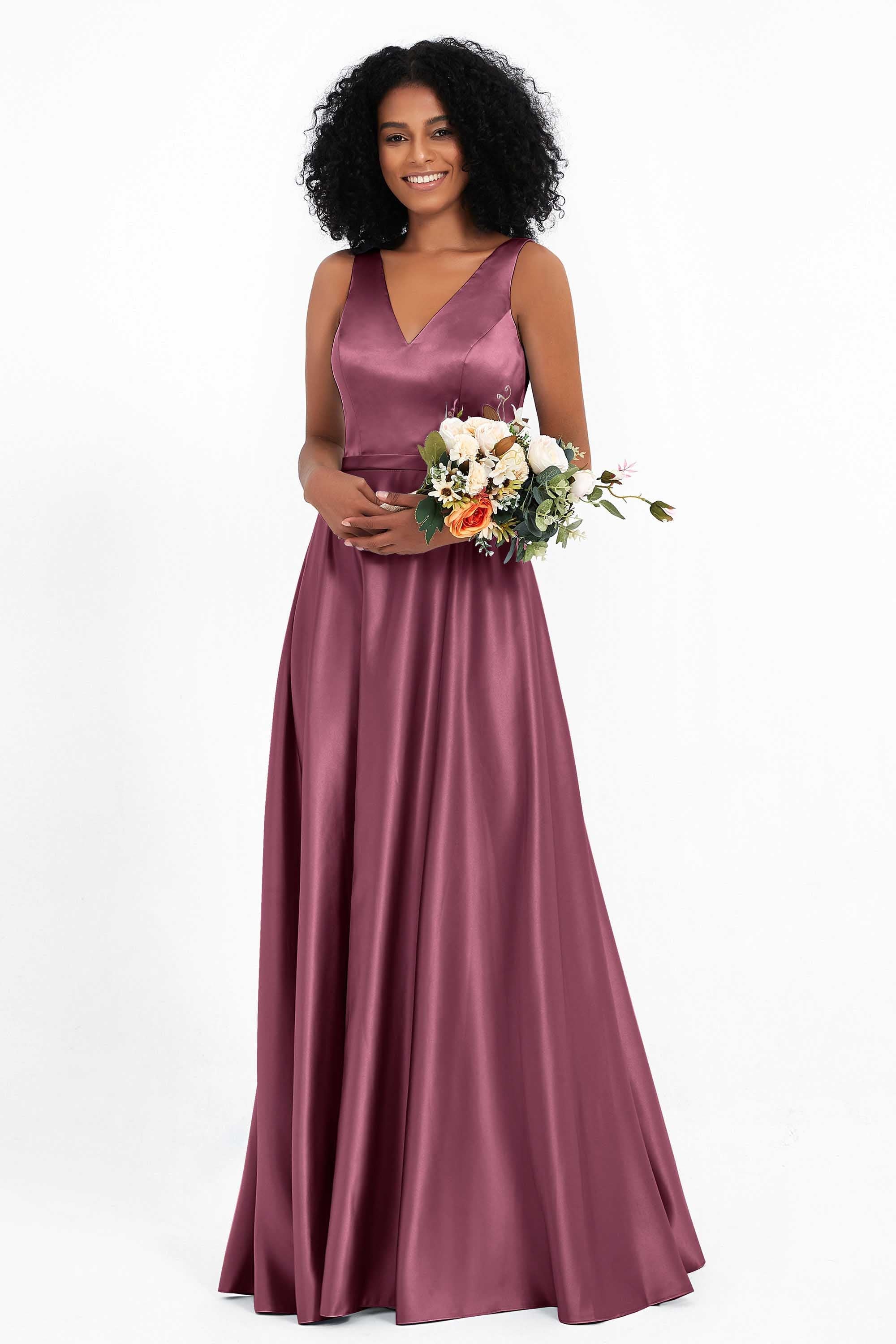 A Line Satin V Neckline Bridesmaid Dress Ruched Formal Evening Prom Dresses Gowns