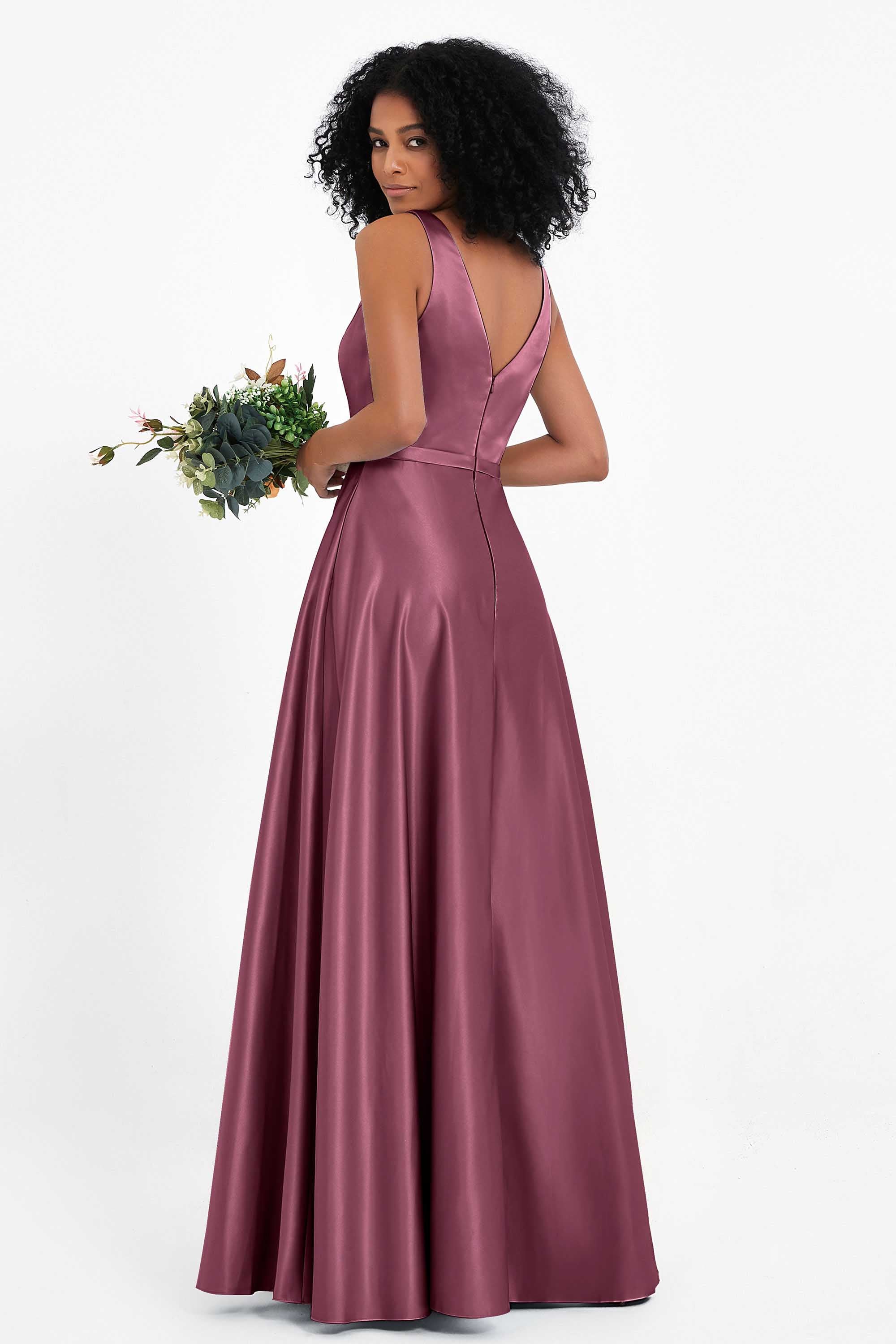 A Line Satin V Neckline Bridesmaid Dress Ruched Formal Evening Prom Dresses Gowns