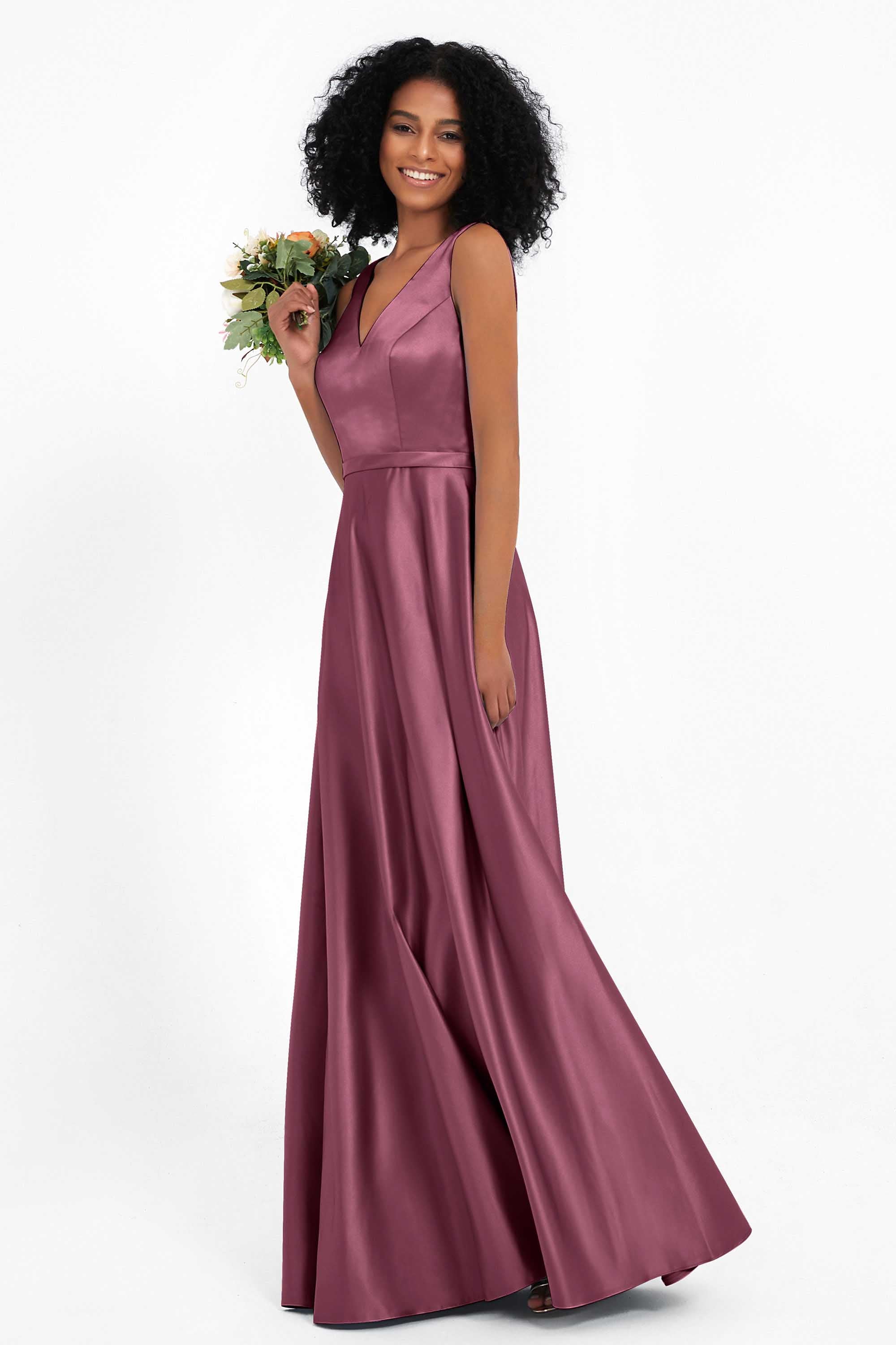 A Line Satin V Neckline Bridesmaid Dress Ruched Formal Evening Prom Dresses Gowns