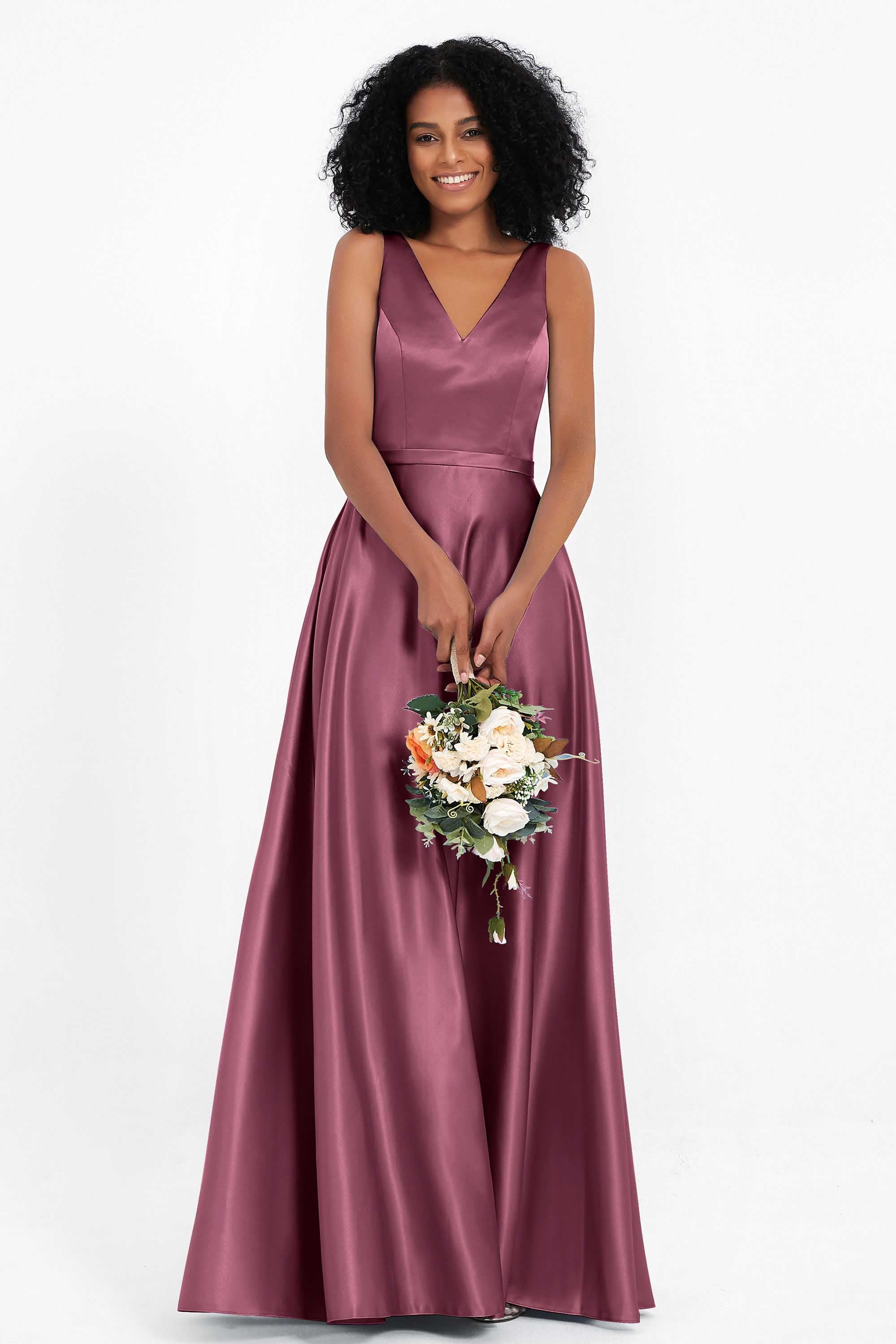 A Line Satin V Neckline Bridesmaid Dress Ruched Formal Evening Prom Dresses Gowns
