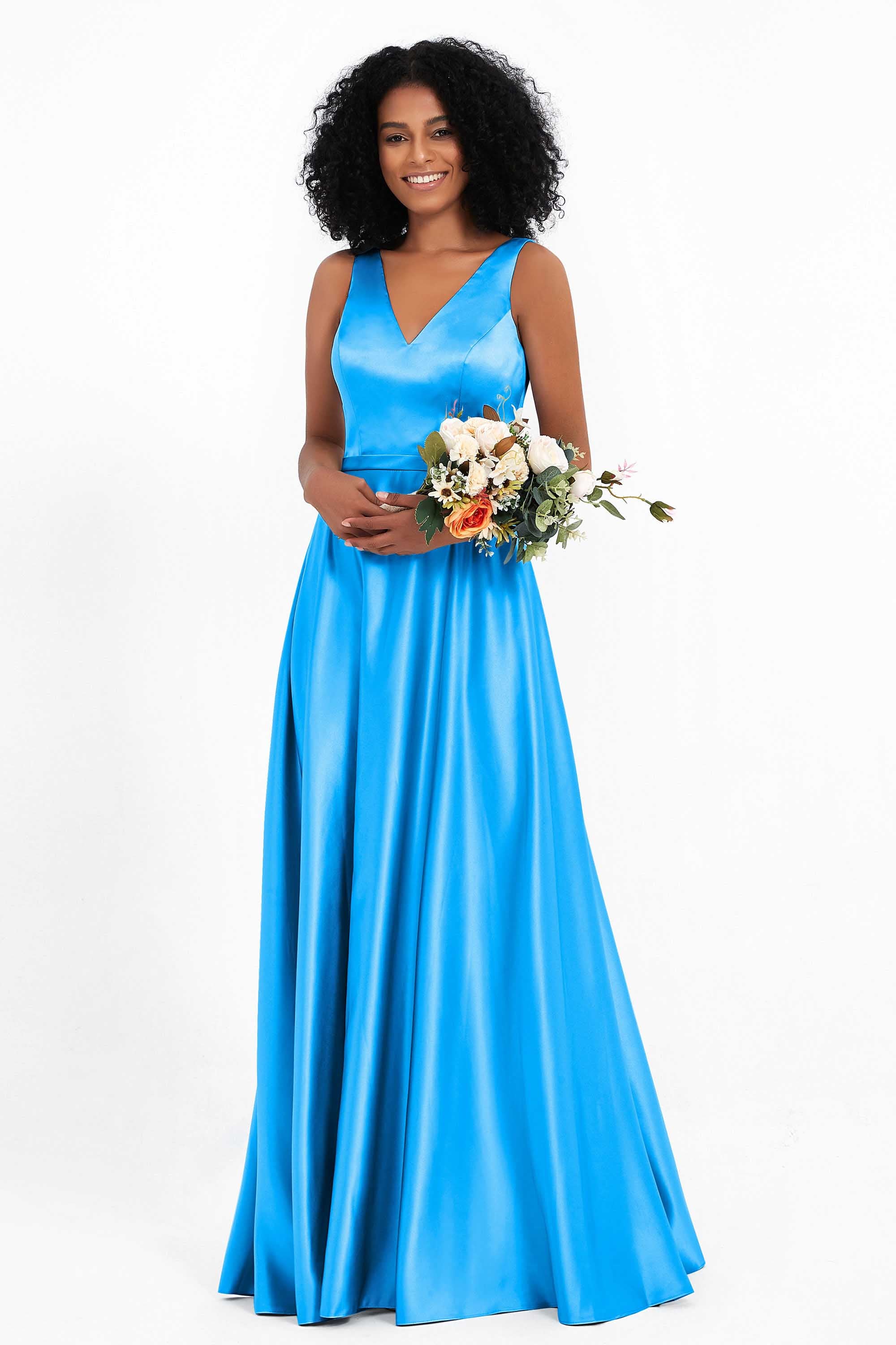A Line Satin V Neckline Bridesmaid Dress Ruched Formal Evening Prom Dresses Gowns