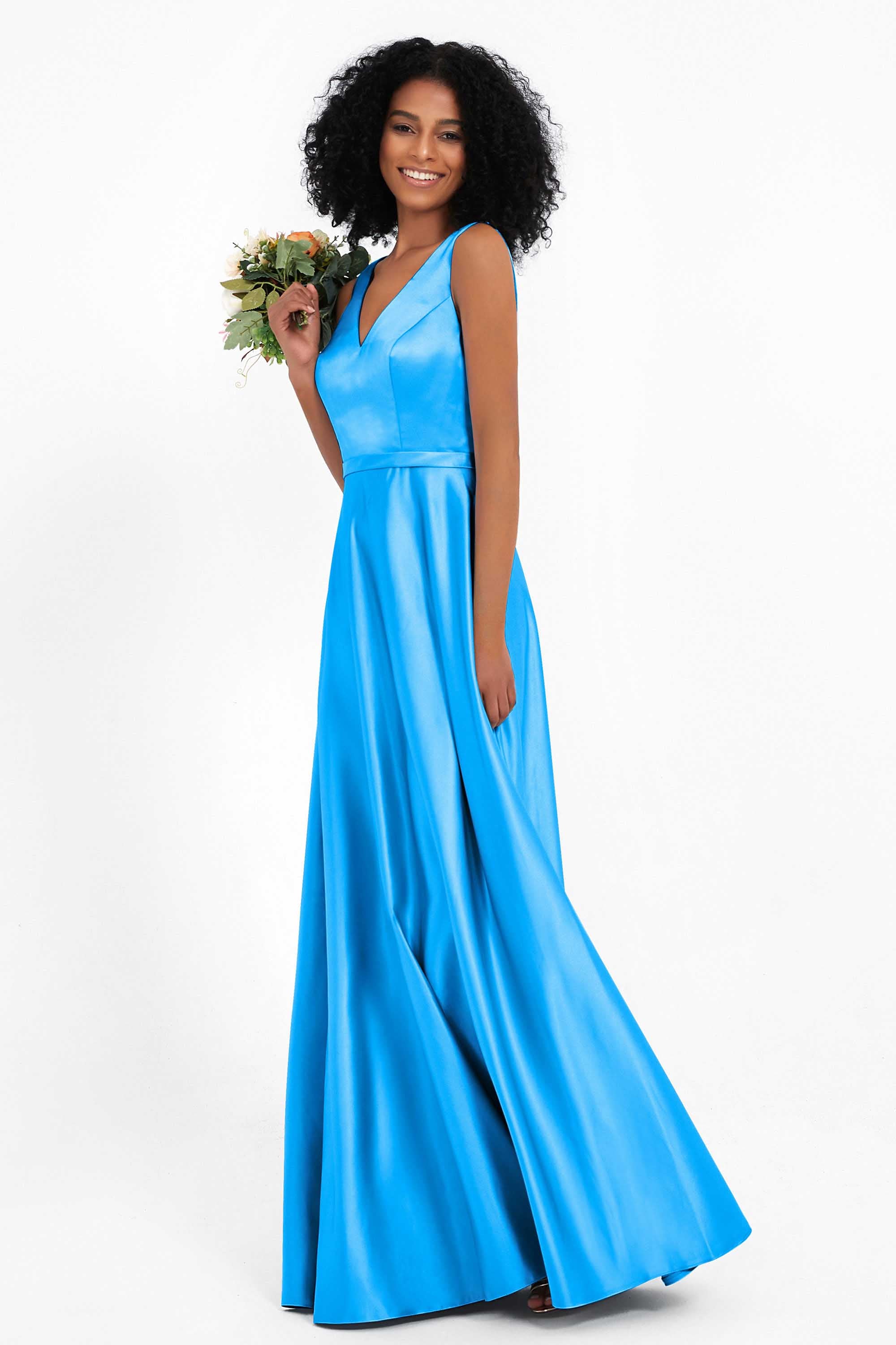 A Line Satin V Neckline Bridesmaid Dress Ruched Formal Evening Prom Dresses Gowns