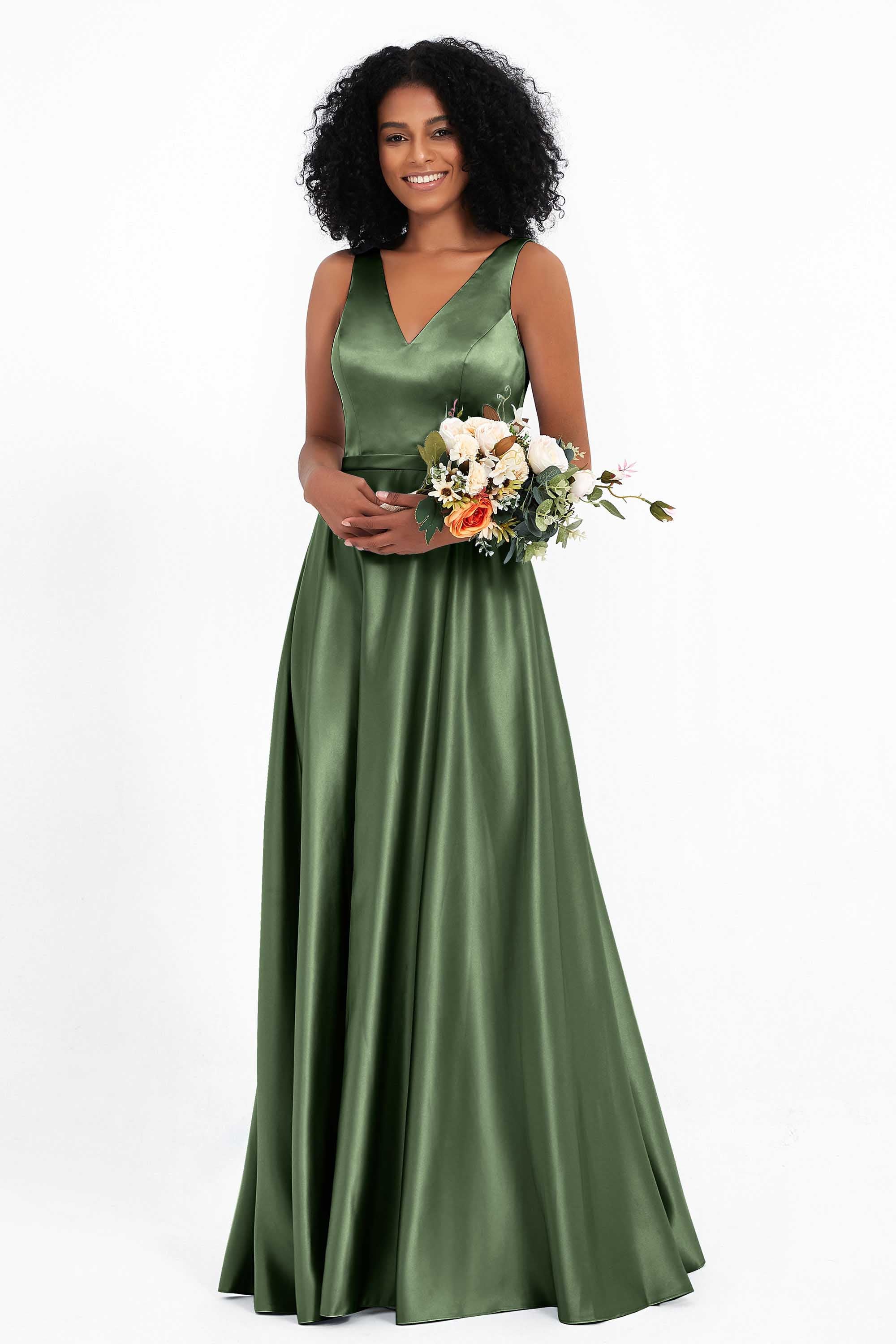 A Line Satin V Neckline Bridesmaid Dress Ruched Formal Evening Prom Dresses Gowns