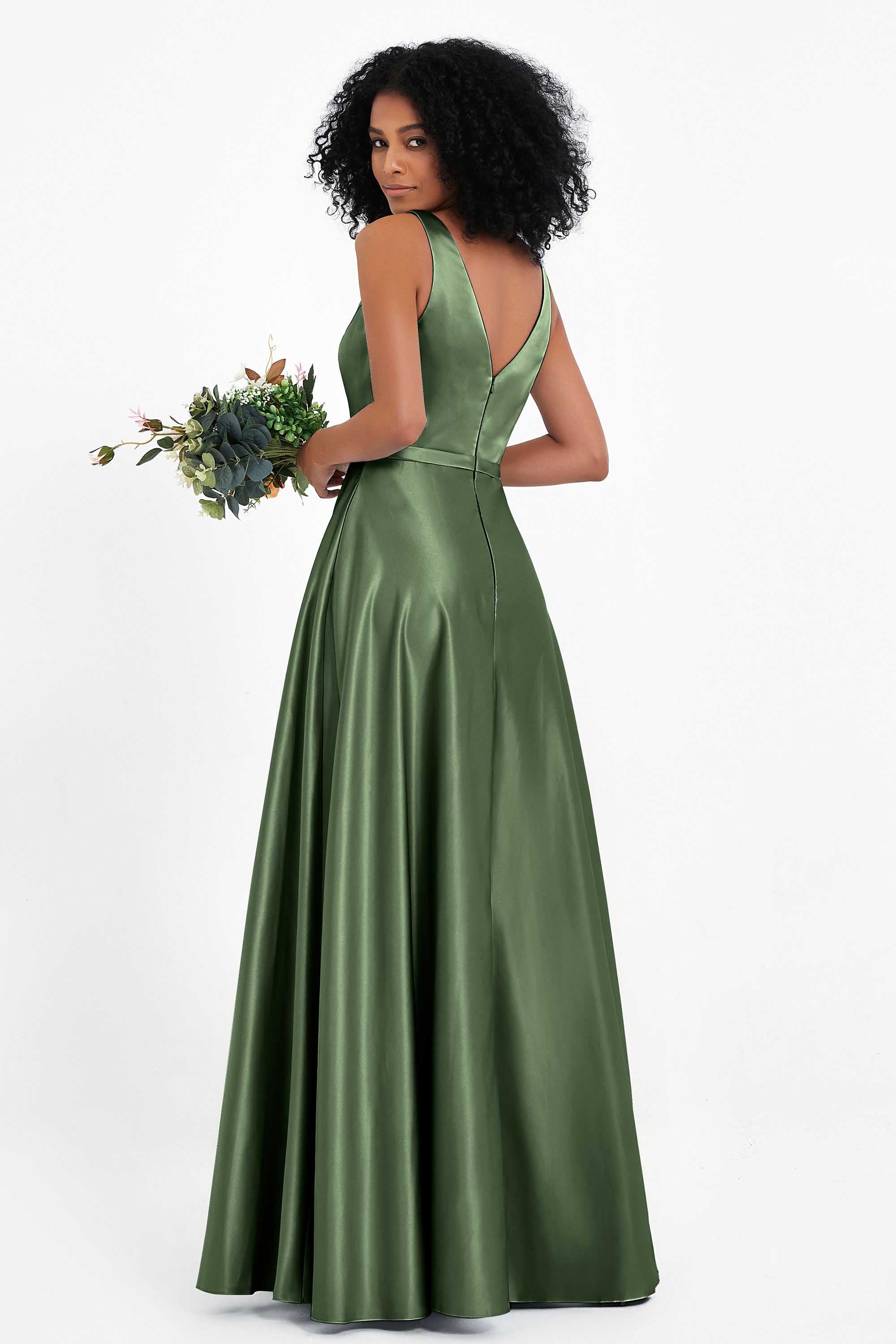 A Line Satin V Neckline Bridesmaid Dress Ruched Formal Evening Prom Dresses Gowns