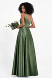 A Line Satin V Neckline Bridesmaid Dress Ruched Formal Evening Prom Dresses Gowns