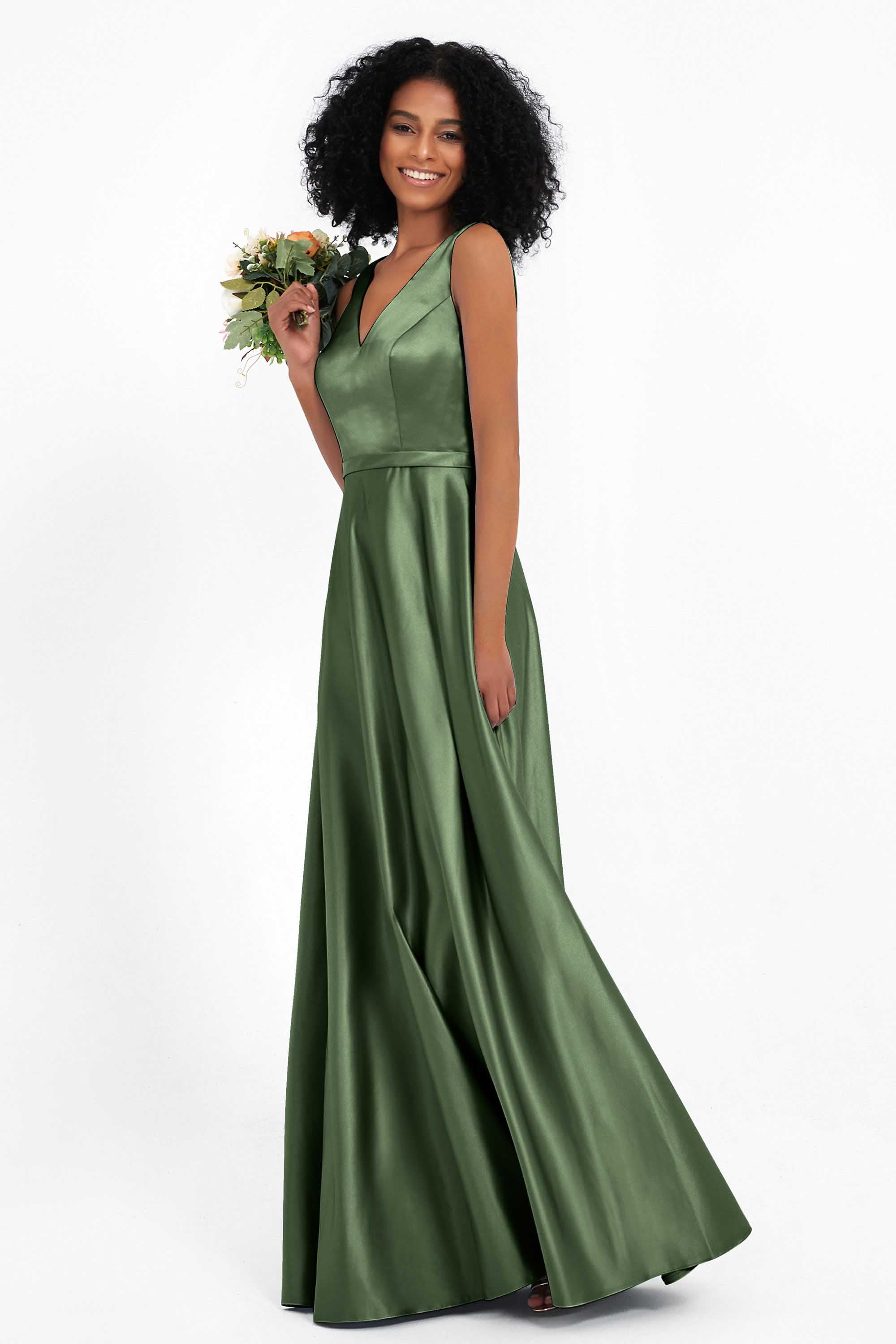 A Line Satin V Neckline Bridesmaid Dress Ruched Formal Evening Prom Dresses Gowns
