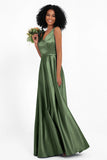 A Line Satin V Neckline Bridesmaid Dress Ruched Formal Evening Prom Dresses Gowns