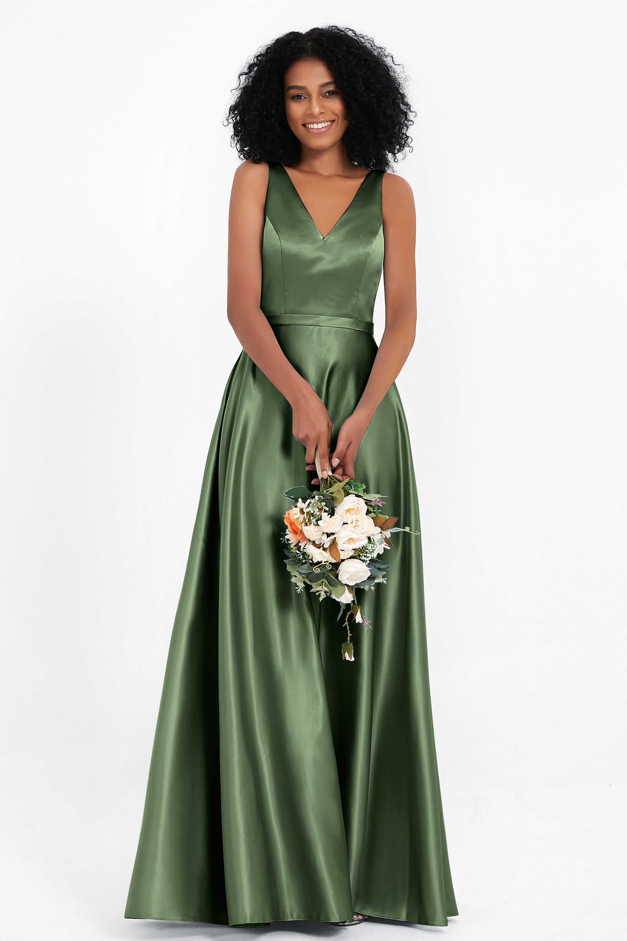 A Line Satin V Neckline Bridesmaid Dress Ruched Formal Evening Prom Dresses Gowns