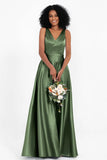 A Line Satin V Neckline Bridesmaid Dress Ruched Formal Evening Prom Dresses Gowns