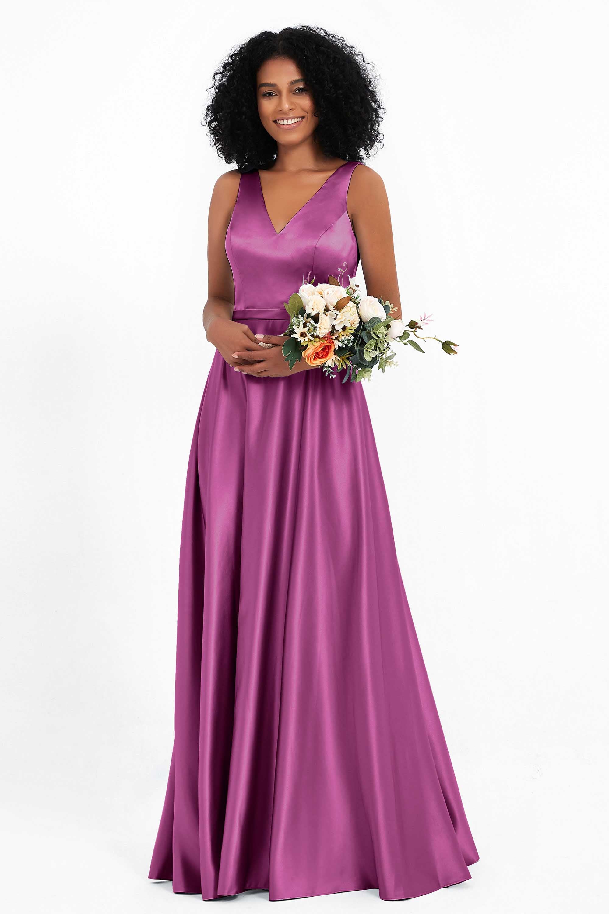 A Line Satin V Neckline Bridesmaid Dress Ruched Formal Evening Prom Dresses Gowns