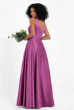 A Line Satin V Neckline Bridesmaid Dress Ruched Formal Evening Prom Dresses Gowns