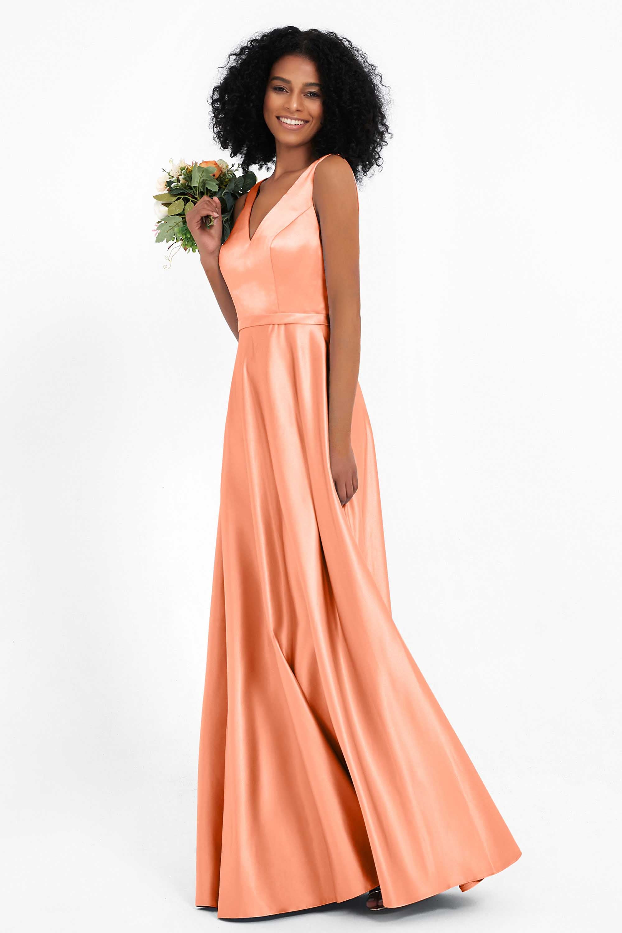 A Line Satin V Neckline Bridesmaid Dress Ruched Formal Evening Prom Dresses Gowns