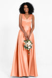 A Line Satin V Neckline Bridesmaid Dress Ruched Formal Evening Prom Dresses Gowns