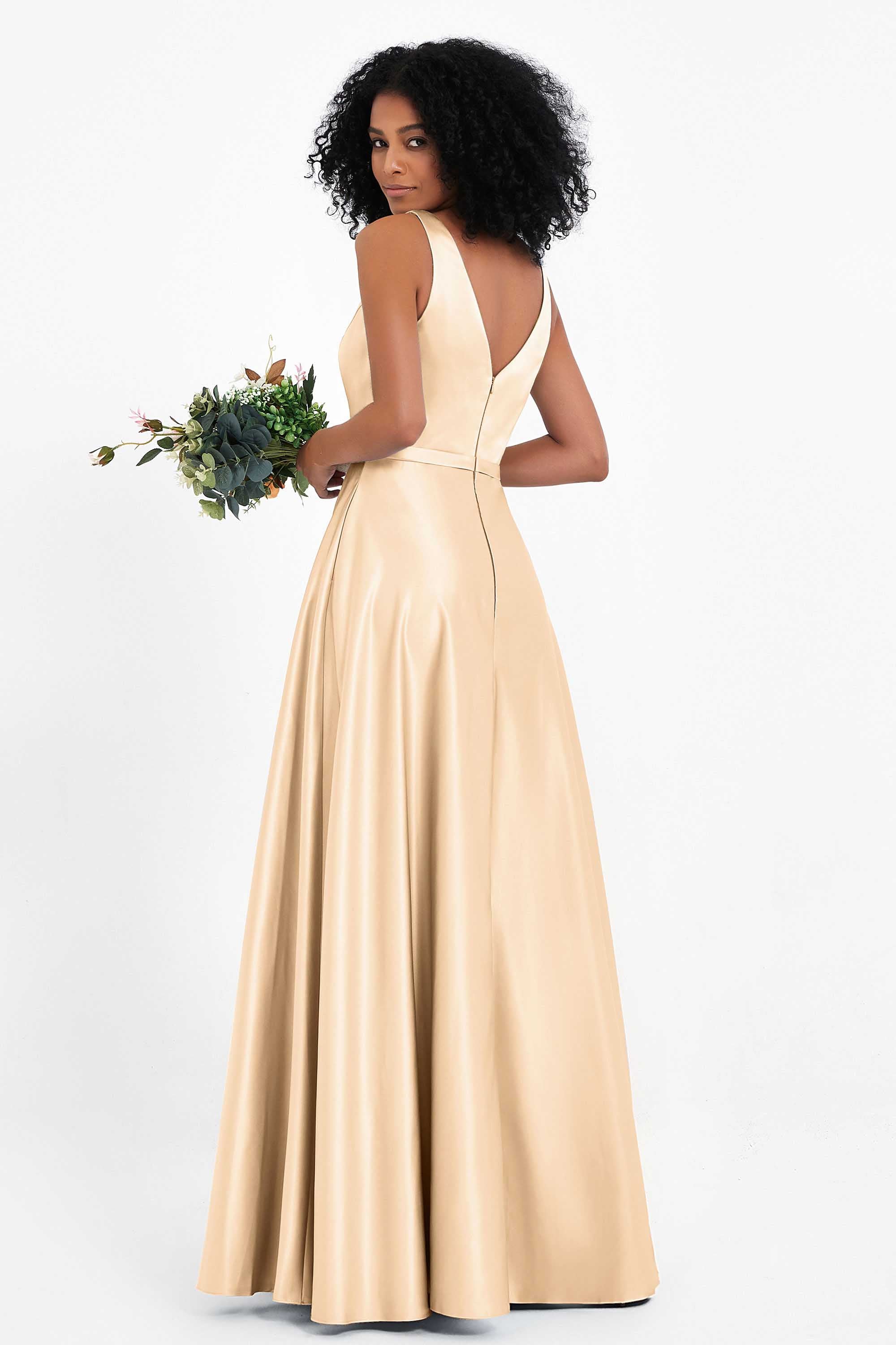 A Line Satin V Neckline Bridesmaid Dress Ruched Formal Evening Prom Dresses Gowns