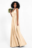 A Line Satin V Neckline Bridesmaid Dress Ruched Formal Evening Prom Dresses Gowns