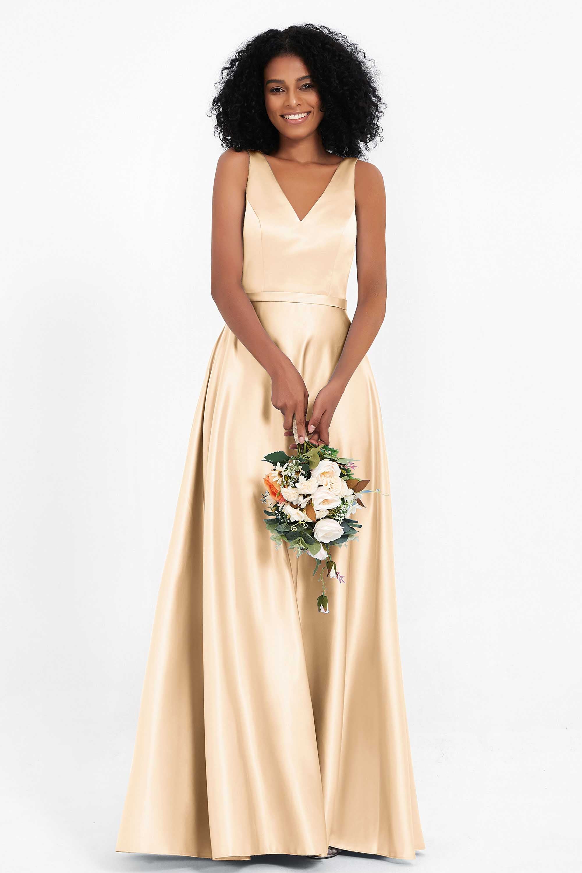 A Line Satin V Neckline Bridesmaid Dress Ruched Formal Evening Prom Dresses Gowns