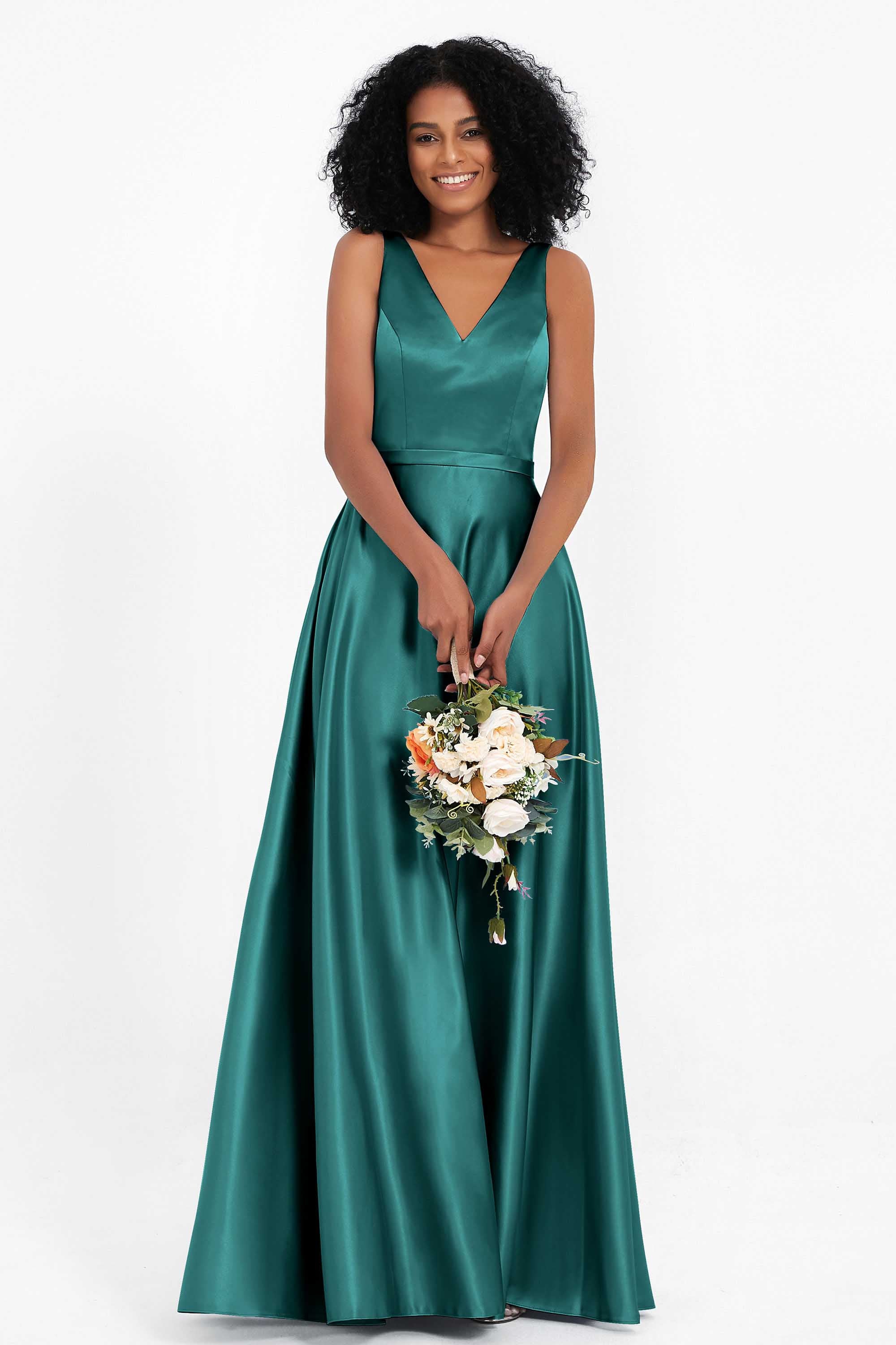 A Line Satin V Neckline Bridesmaid Dress Ruched Formal Evening Prom Dresses Gowns