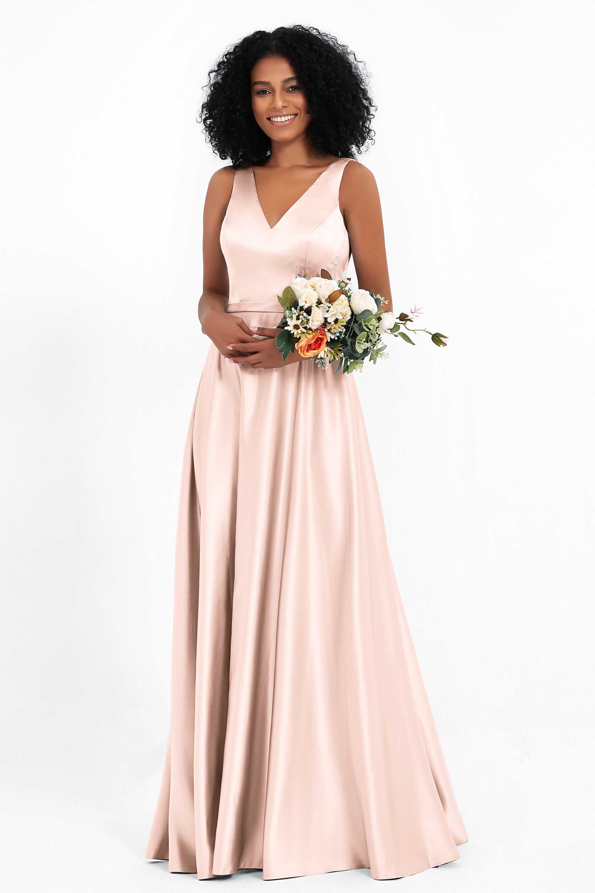 A Line Satin V Neckline Bridesmaid Dress Ruched Formal Evening Prom Dresses Gowns