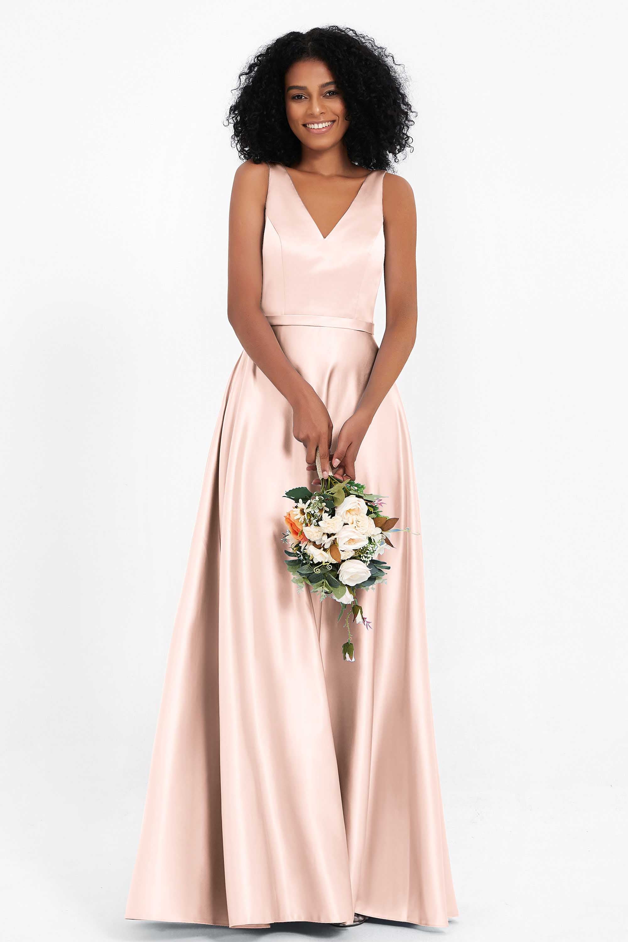 A Line Satin V Neckline Bridesmaid Dress Ruched Formal Evening Prom Dresses Gowns