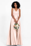 A Line Satin V Neckline Bridesmaid Dress Ruched Formal Evening Prom Dresses Gowns