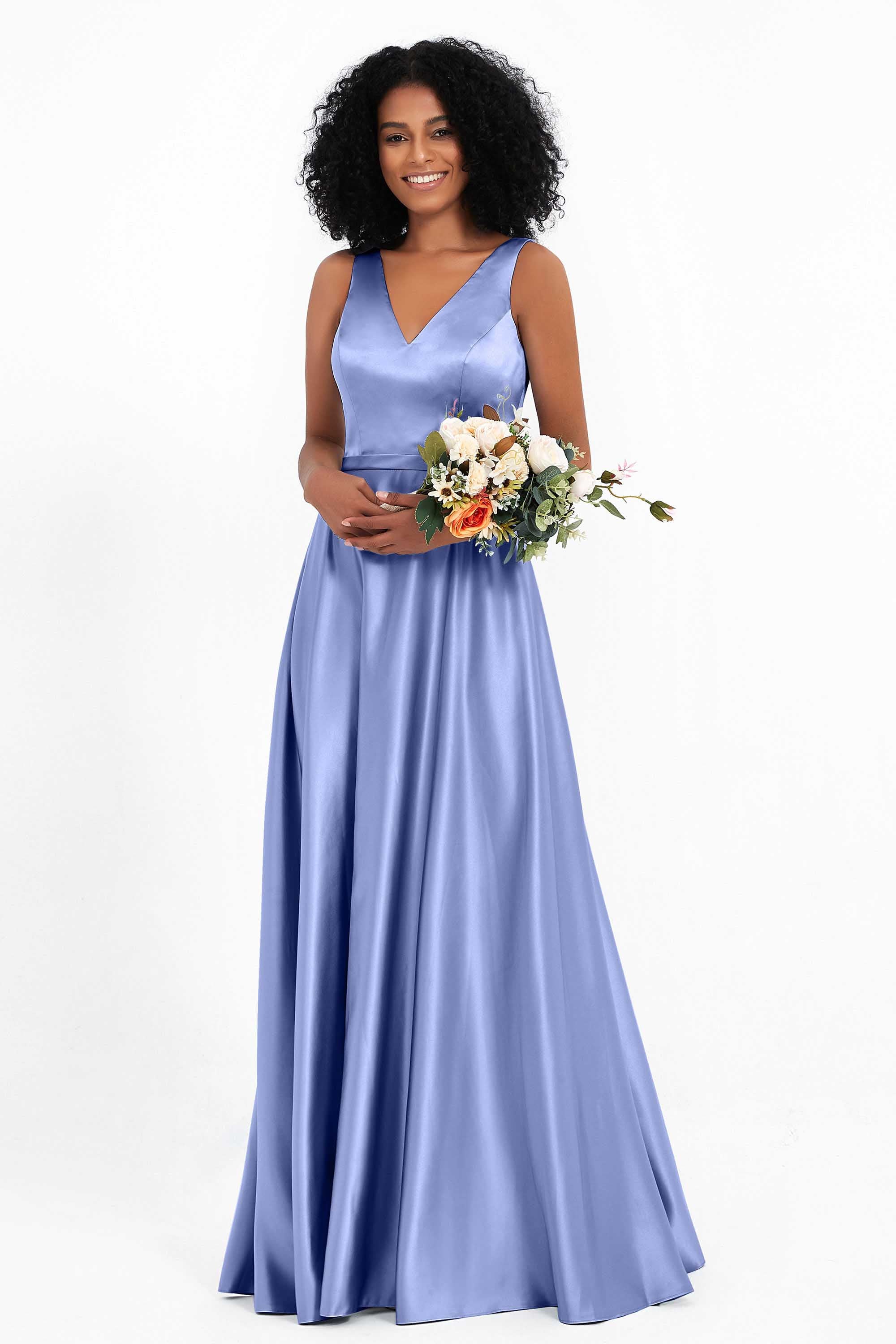 A Line Satin V Neckline Bridesmaid Dress Ruched Formal Evening Prom Dresses Gowns