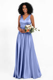 A Line Satin V Neckline Bridesmaid Dress Ruched Formal Evening Prom Dresses Gowns